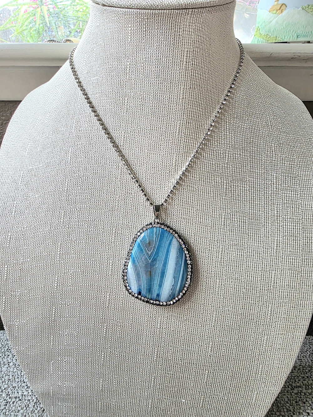 Large Blue Agate Slice Pendant Necklace, 17-19" Silver Boho Jewelry
